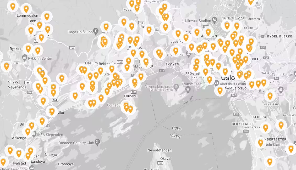 Kart over Oslo, Asker, Bærum og Drammen med gule nåler der DinByggpartner har hatt oppdrag i 2022 og 2023